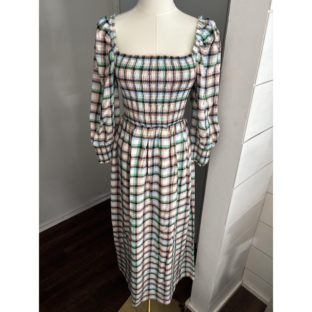 Maeve Dress Womens XS Multicolor Plaid Smocked Square Neck Maxi‎ Boho Ruffle